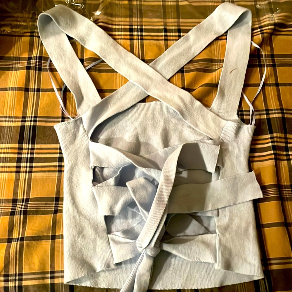 Pale blue criss cross tie top